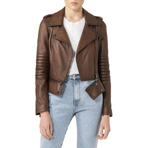 Chaqueta de Motociclista de Cuero Genuino para Mujer, Color Mostaza, Manga Larga, Cierre de Cremallera, Cuello Camisero, Estilo Otoñal, Corte Corto - Product Image 3