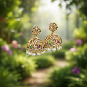 Designer Pota Freshwater Pearl and Stone <b>Chandelier</b> Drop Jhumki Earrings - Product Image 3
