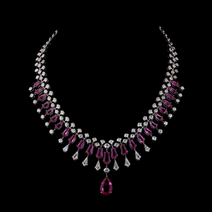 Collier élégant en argent sterling avec pendentif en diamant de laboratoire et rubis |   Ensemble de bijoux de mariage | Fabricant de bijoux de mariée - Product Image 1