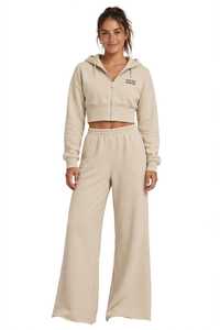 <b>Womens</b> Beige Cropped Zip Hoodie And Wide Leg <b>Sweatpants</b> 2 Piece Tracksuit Set Casual Loose Fit - Product Image 1