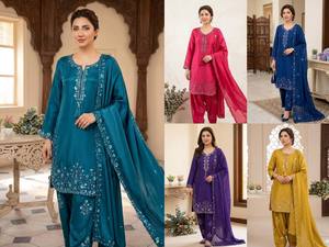 Conjunto de traje Salwar Chinon Farshi premium con bordado de lentejuelas pesadas - Product Image 2