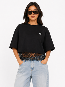 Chemisier court ample et oversize pour femme, avec empiècements en dentelle de luxe, épaules tombantes, 100% Coton, manches courtes, haut décontracté DTG - Product Image 4
