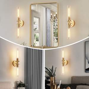 Ensemble de deux appliques murales de salle de bain modernes en or avec verre transparent, éclairage câblé pour couloir, miroir, chambre à coucher - Ampoules non incluses - Product Image 2
