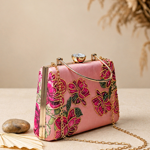 <b>Pink</b> Rose Embroidered Designer Clutch Bag Elegant Evening <b>Purse</b> for Women Festive Wear - Product Image 2