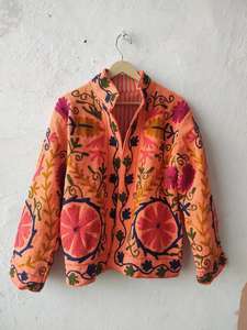 Abrigo de Terciopelo de Algodón Bordado, Chaqueta Larga Suzani, Estampado Floral a Mano, Abrigo Naranja - Product Image 4