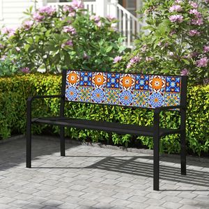 50-Inch Slatted Loveseat <b>Metal</b> Patio <b>Bench</b> for 2-3 People with Mosaic Backrest - Product Image 3