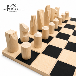 Light Beige Wooden <b>Chess</b> Set With Geometric Handcrafted Pieces Square Black <b>Board</b> Minimalist Strategy <b>Game</b> Decor Gift - Product Image 1