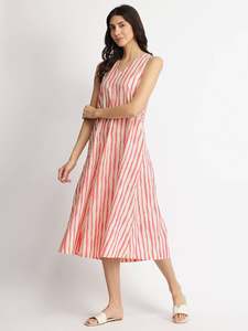 Pink Striped Dot A-Line Midi <b>Dress</b> <b>With</b> Short <b>Sleeves</b> Crew Neck Loose Fit Casual <b>Summer</b> Wear Woven Cotton Fabric Beautiful - Product Image 1