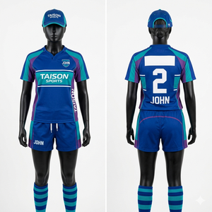 Premium 180 GSM <b>Polyester</b> Spandex Women Rugby Uniform Red Blue Striped Breathable Fabric Panel Design Custom Print Logo - Product Image 2