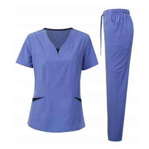 Ensembles de blouses médicales unisexes à col montant, manches courtes, en tissu tricoté coton-polyester, respirants, confortables, personnalisables pour hôpital - Product Image 2