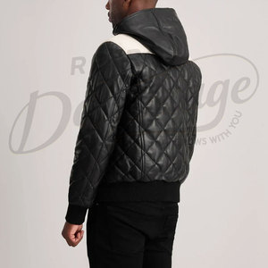 Chaqueta de Cuero Bicolor Negra y Blanca para Hombre, Chaqueta Acolchada con Capucha y Diseño de Diamantes, Chaqueta de Invierno Cálida y Acolchada Estilo Biker - Product Image 2