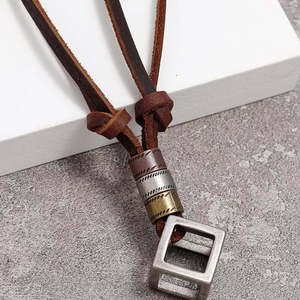 Vintage Alloy Cube Pendant Necklace for Men & Boys with Adjustable Pure Leather Cord - Product Image 2