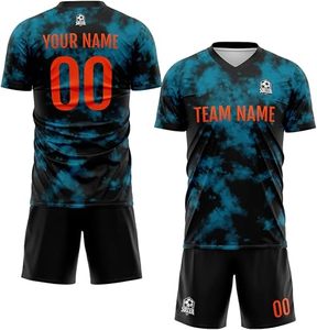 Ensemble de maillots de football personnalisés haut de gamme pour hommes, noir et turquoise, sublimés, col en V, anti-humidité, manches courtes, coupe athlétique, toutes saisons - Product Image 5