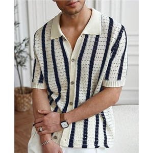 เสื้อสเวตเตอร์แขนสั้นลายทางถักโครเชต์สำหรับผู้ชาย เสื้อเชิ้ตติดกระดุม คอปกแบบโปร่ง เสื้อถัก - Product Image 6
