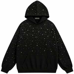 Sew Chic International Sudadera con capucha unisex de corte holgado, negra, con pedrería y estampado tie-dye metalizado, estilo streetwear, con bolsillo canguro - Product Image 1