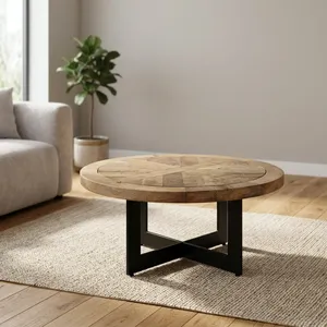 Table de salle à manger ronde rustique en bois massif pour six personnes avec pieds en métal noir, table d'appoint centrale pour la décoration intérieure de ferme, d'hôtel ou de maison - Product Image 6
