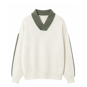 Suéter de punto color crema para hombre con cuello en V verde oliva y rayas en las mangas, corte regular, estilo pullover, para otoño, 100% acrílico - Product Image 1
