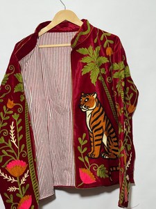 Eclectic Styling Hand Embroidered Suzani <b>Velvet</b> Jacket Tiger Snake Maroon Palm Tree Artwork Outwear Statement Floral Boho <b>Coat</b> - Product Image 4