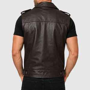 Lawd Sports <b>Men's</b> Genuine <b>Leather</b> Waterproof Sleeveless Moto <b>Vest</b> Zipper Closure Pockets Collarless Design Autumn Outer Wear - Product Image 3