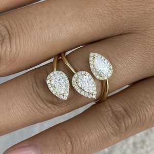 Anillo de oro macizo de 14 quilates con diamantes cultivados en laboratorio, corte pera y redondo, diseño de tres bandas con forma de hoja, para unisex, regalo para pareja. - Product Image 5