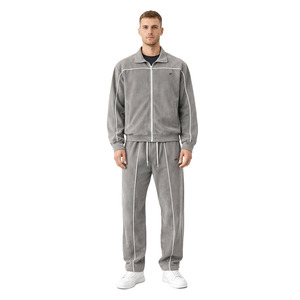 Conjuntos de sudadera con capucha y pantalones de chándal de terciopelo gris para hombre, personalizados con cremallera, ropa casual urbana y deportiva, proveedor de marca privada - Product Image 1