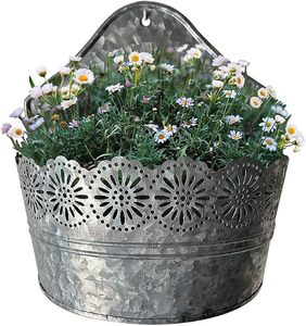 Galvanized Metal Wall Hanging Planter with Decorative Floral Cutout Rustic Indoor Outdoor Flower Pot - Product Image 1