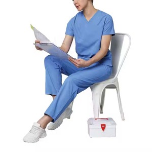 Ensemble de blouses et pantalons d'hôpital pour femmes, bleu, col en V, en coton et polyester tissé, couleur unie, avec détection d'aiguilles - Product Image 5