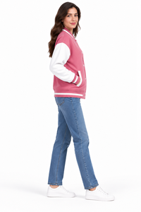 เสื้อแจ็คเก็ตวาร์ซิตี้สีชมพูขาว สไตล์พรีปปี้ ยูนิเซ็กส์ ผ้าฟลีซ ใส่สบายๆ ในฤดูใบไม้ร่วง ทรงปกติ ปกคอพับ ติดกระดุม ลายพิมพ์ - Product Image 2