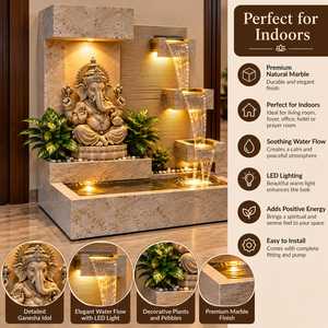 Fontaine d'eau en marbre artisanale de luxe pour l'extérieur, avec éclairage LED, 3 pieds, décoration hindoue, idole de Ganesha, cascade - Product Image 5