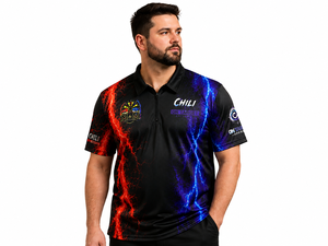 Custom Black Sporty <b>Polo</b> <b>Shirt</b> Short Sleeve Digital Print Quick Dry Zipper Design Red <b>Blue</b> Lightning Pattern Name Logo - Product Image 1