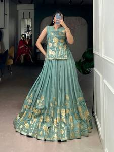 Green Floral Embroidered <b>Lehenga</b> Choli Satin Traditional Indian Outfit Foil Print Wedding Party <b>Women</b> - Product Image 1