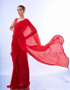 KV <b>Red</b> Solid Pre-Draped Bollywood Style Saree With Unstitched <b>Blouse</b> - Product Image 5
