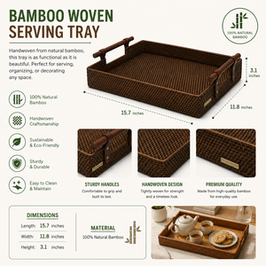 Bandeja de Servir de Bambú Tejida a Mano de Primera Calidad con Asas, Cesta de Servir Decorativa Rectangular Estilo Ratán para Cocina y Hogar - Product Image 5