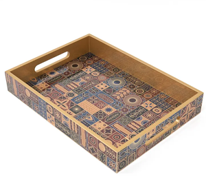 Bandeja de servicio de madera de diseño más nuevo Bandeja de servicio de comida roja y blanca con estampado floral hecho a mano con borde negro - Product Image 2