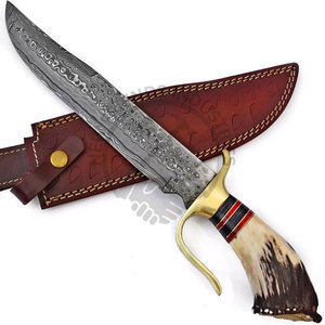 Cuchillo Bowie de Acero de Damasco Hecho a Mano con Mango de Cuerno de Ciervo y Funda, Cuchillo de Caza para Exteriores de Hoja Fija Afilada de la Mejor Calidad - Product Image 6