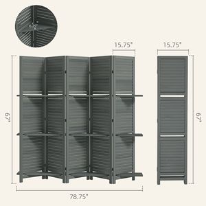 Divisorio Artigianale in Legno a 5 Pannelli, Alto 170 cm, con 3 Ripiani Pieghevoli per Camera da Letto, Grigio - Separatore per la Casa - Product Image 3