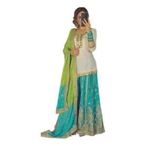 Royal Export lanza un nuevo vestido de fiesta de diseño en seda Dola con trabajo de bordado Jari Dori en colores nuevos con falda. - Product Image 1