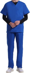 Haut de blouse médicale noir pour homme à col en V avec poches avant, uniforme d'hôpital, tissu tissé en mélange coton-polyester - Product Image 5