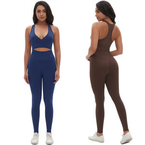 Conjunto de Leggings y Sujetador Deportivo Transpirable sin Costuras para Mujer, Cuello en V, Diseño Cruzado Sexy, Cintura Elástica para Pilates, Running y Fitness - Product Image 1