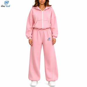Custom Logo Women's Fleece <b>Tracksuit</b> <b>Set</b> <b>Pink</b> Zip Up Hoodie Loose Fit Sweatpants OEM ODM Sportswear Factory Wholesale - Product Image 1