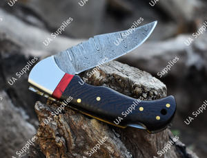 Couteau pliant professionnel en acier Damas, manche en bois Wenge, verrouillage arrière, chasse, camping, poche, EDC, étui en cuir véritable, OEM - Product Image 3