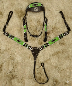 Conjunto de arnés y collar de pecho de cuero occidental para caballo, con pedrería, flecos, cuentas y conchos, ajustable. - Product Image 5