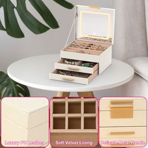 Organizzatore di Gioielli a 3 Livelli con 2 Cassetti, Porta Gioielli in PU, Specchio LED Dimmerabile con 3 Colori di Luce, Scatola Porta Gioielli a 3 Strati - Product Image 4