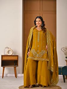 Vichitra Silk Handwork Short <b>Kurti</b> Smooth Palazzo Sequin Embroidered Dupatta Stitched Women Three Piece Salwar Suit Set - Product Image 3