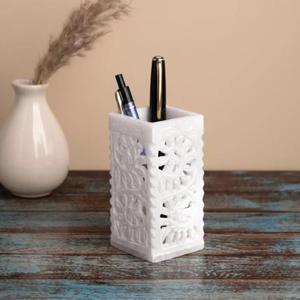 Portalápices y bolígrafos de mármol blanco tallado a mano y grabado, organizador de escritorio Art Deco para decoración de Pascua y regreso a clases - Product Image 1