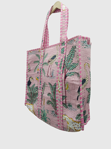 Bolsa de Mano de Algodón con Estampado Tropical Rosa, Estilo Bohemio, Cierre Abierto, Bolsa de Compras para Mujer, Todas las Temporadas - Product Image 3