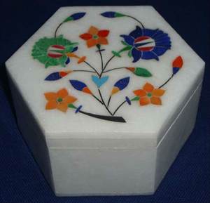 Boîte de rangement pour bijoux en marbre blanc avec incrustation unique en lapis-lazuli bleu, forme octogonale, pour le rangement - Product Image 5