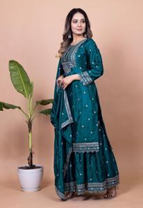Beautiful Chinon Silk <b>Sequin</b> Frock Style Kurti <b>Flared</b> Sharara Long Embroidered Stole Combo Three Piece Indian Outfit - Product Image 5