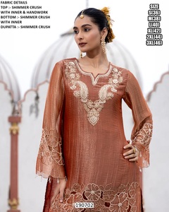 Ensemble élégant Kurta et pantalon palazzo brodé, couleur pêche chatoyante, à séchage rapide, longueur ras du sol, pour femme, idéal pour les mariages et les fêtes, tailles S-3XL - Product Image 4