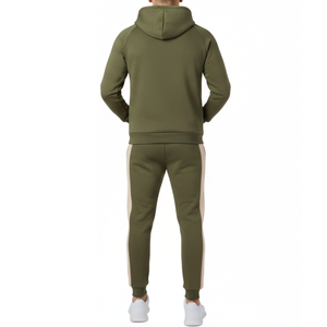 Chándal personalizado con logo para hombre, verde oliva y beige, con diseño de bloques de color en forma de V, sudadera con capucha raglán de dos piezas, ropa deportiva OEM - Product Image 2